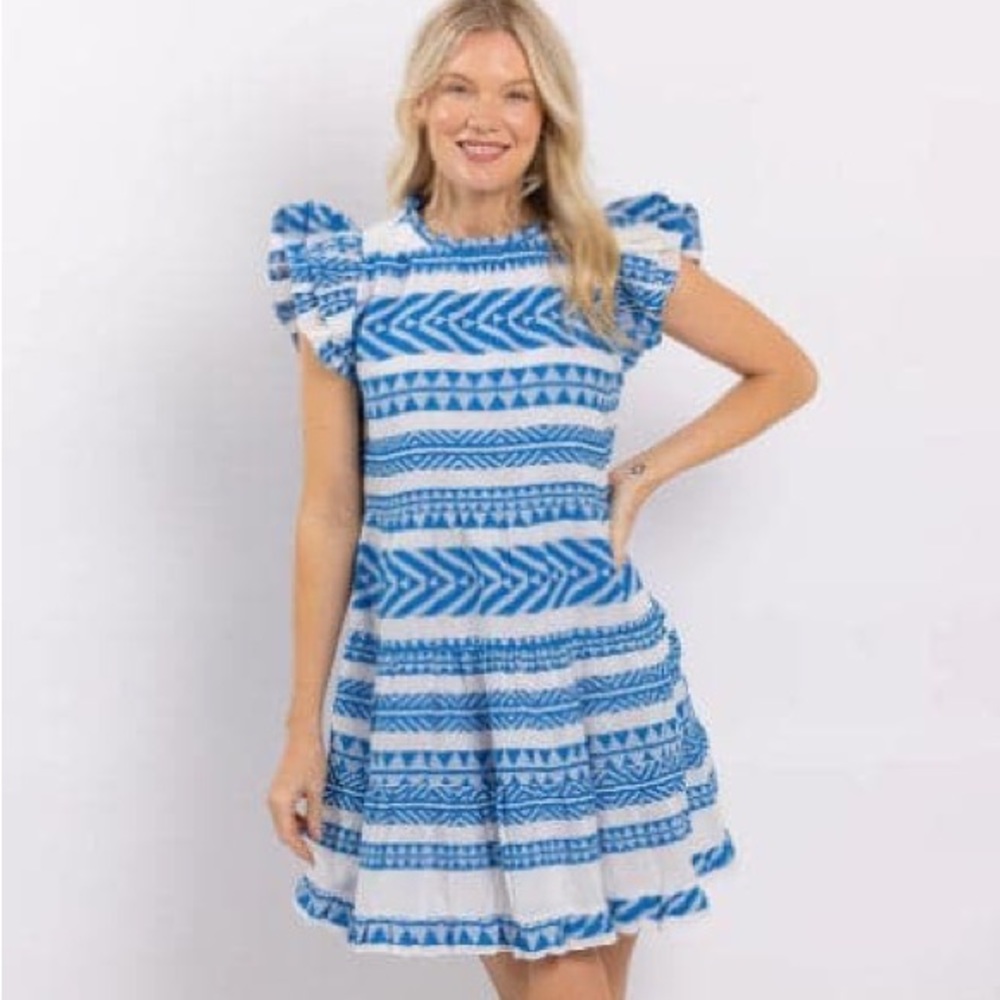 NWT Sail to Sable Geo Stripe Jacquard Ruffle Neck Dress, Blue